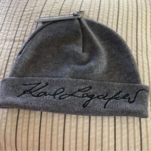 Karl Lagerfeld Paris Men’s Unisex Karl Logo Beanie Folded Brim Wool Blend Grey